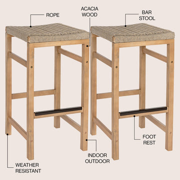 Armand 30" Modern Coastal Backless Acacia Wood Outdoor Bar Stool with Woven Rope Seat